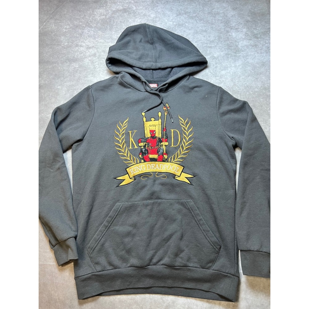 BoxLunch Marvel King Deadpool Embroidered Hoodie Small Grey Pullover Sweatshirt